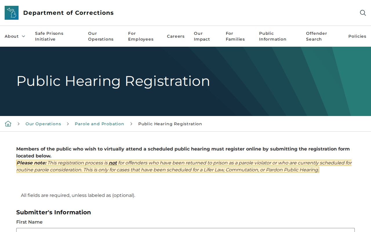 Michigan parole public hearing calendar for pardon commutation and Lifer Law matters