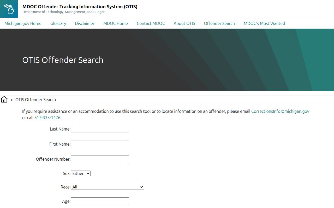 Live OTIS search form for Michigan released inmates