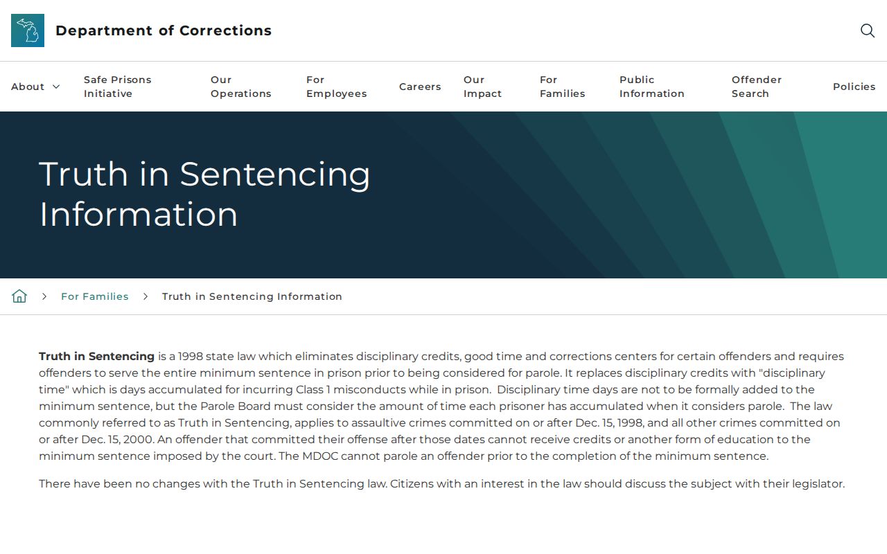 MDOC truth in sentencing rules for offender release dates